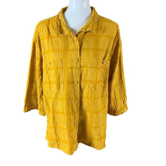 A La Carte Yellow Crinkle Button Top Textured Cotton Linen Blend Medium - Picture 1 of 3
